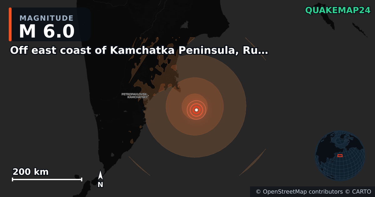 M6.0 earthquake near Off east coast of Kamchatka Peninsula, Russia [Sea: Russia] on Jun 20, 2026 — map of epicenter and shaking intensity | QuakeMap24