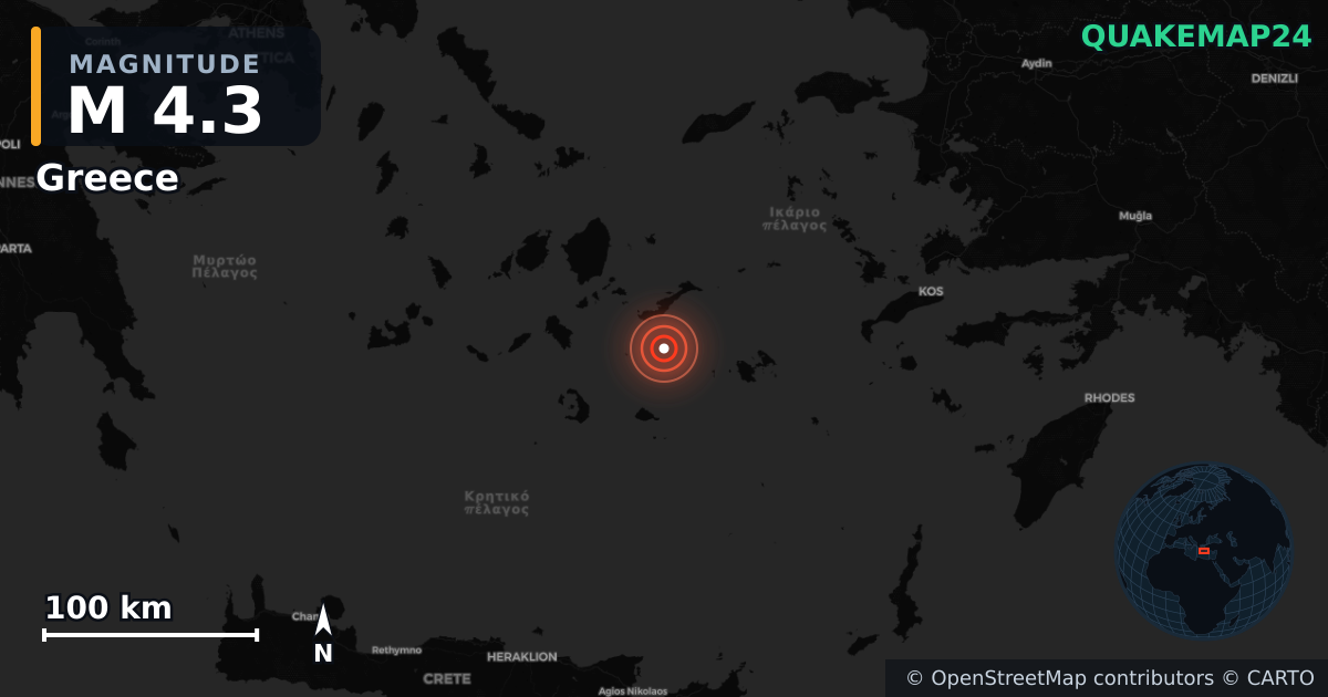 M4.3 earthquake near Greece on Apr 8, 2026 — map of epicenter and shaking intensity | QuakeMap24
