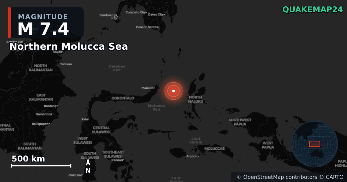 M7.4 earthquake near Northern Molucca Sea on Apr 1, 2026 — map of epicenter and shaking intensity | QuakeMap24