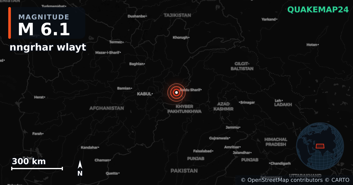 M6.1 earthquake near nngrhar wlayt on Sep 4, 2025 — map of epicenter and shaking intensity | QuakeMap24