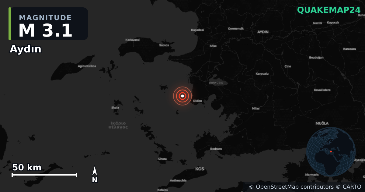 M3.1 earthquake near Aydın on Feb 22, 2026 — map of epicenter and shaking intensity | QuakeMap24