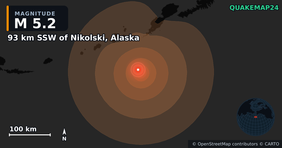 Erdbeben M5,2 bei 93 km SSW of Nikolski, Alaska — Karte der Lage des Epizentrums