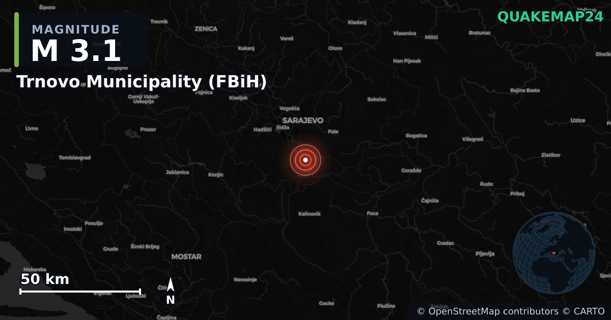 M3.1 earthquake near Trnovo Municipality (FBiH) on Jul 29, 2026 — map of epicenter and shaking intensity | QuakeMap24