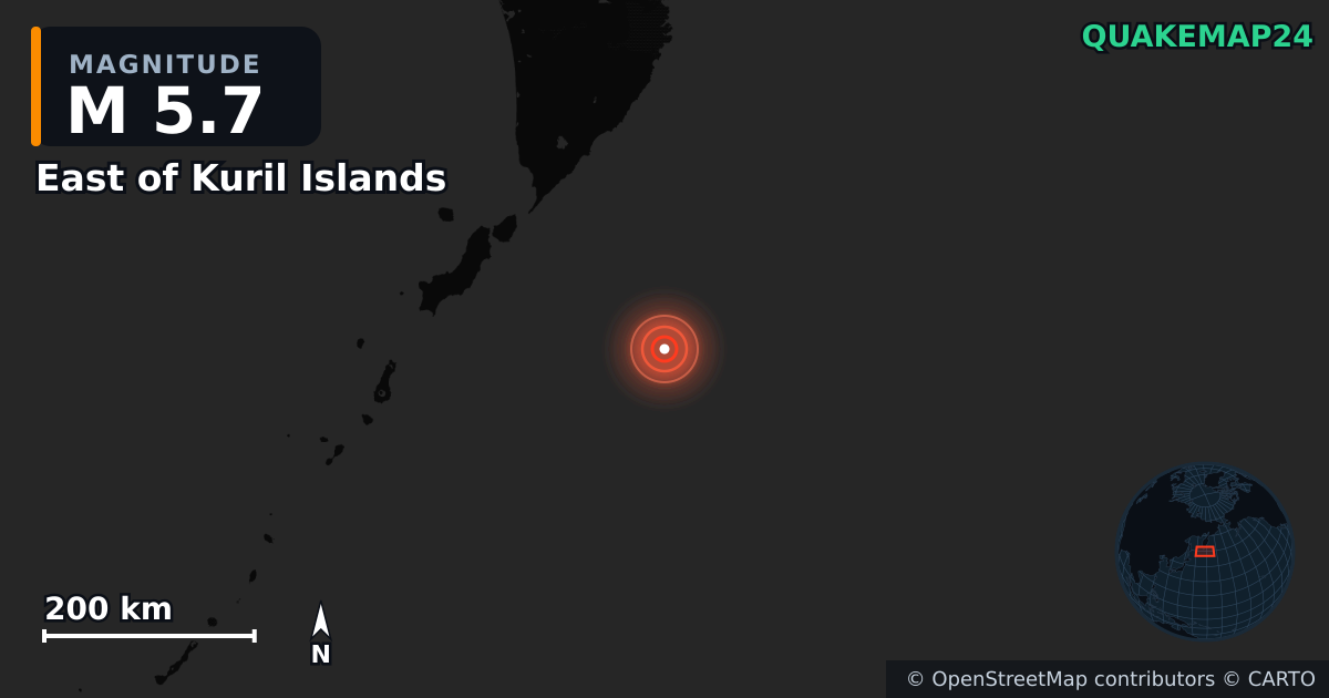 M5.7 earthquake near East of Kuril Islands on Nov 21, 2025 — map of epicenter and shaking intensity | QuakeMap24