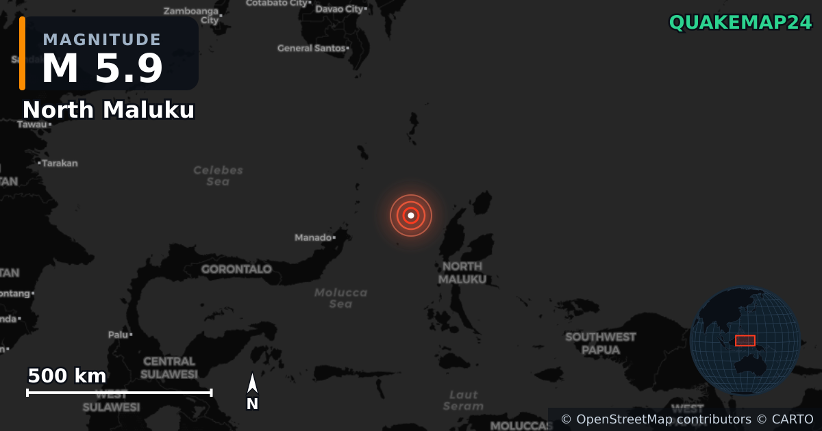 M5.9 earthquake near North Maluku on Apr 2, 2025 — map of epicenter and shaking intensity | QuakeMap24
