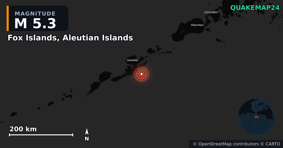 M5.3 earthquake near Fox Islands, Aleutian Islands on Apr 25, 2026 — map of epicenter and shaking intensity | QuakeMap24