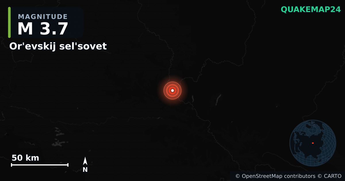 M3.7 earthquake near Or'evskij sel'sovet on Feb 26, 2026 — map of epicenter and shaking intensity | QuakeMap24