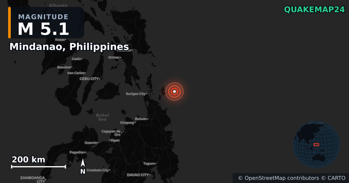 M5.1 earthquake near Mindanao, Philippines on Feb 19, 2026 — map of epicenter and shaking intensity | QuakeMap24