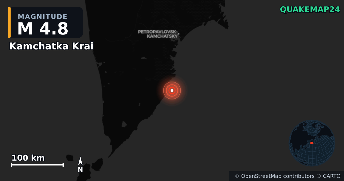 M4.8 earthquake near Kamchatka Krai on Jul 20, 2026 — map of epicenter and shaking intensity | QuakeMap24