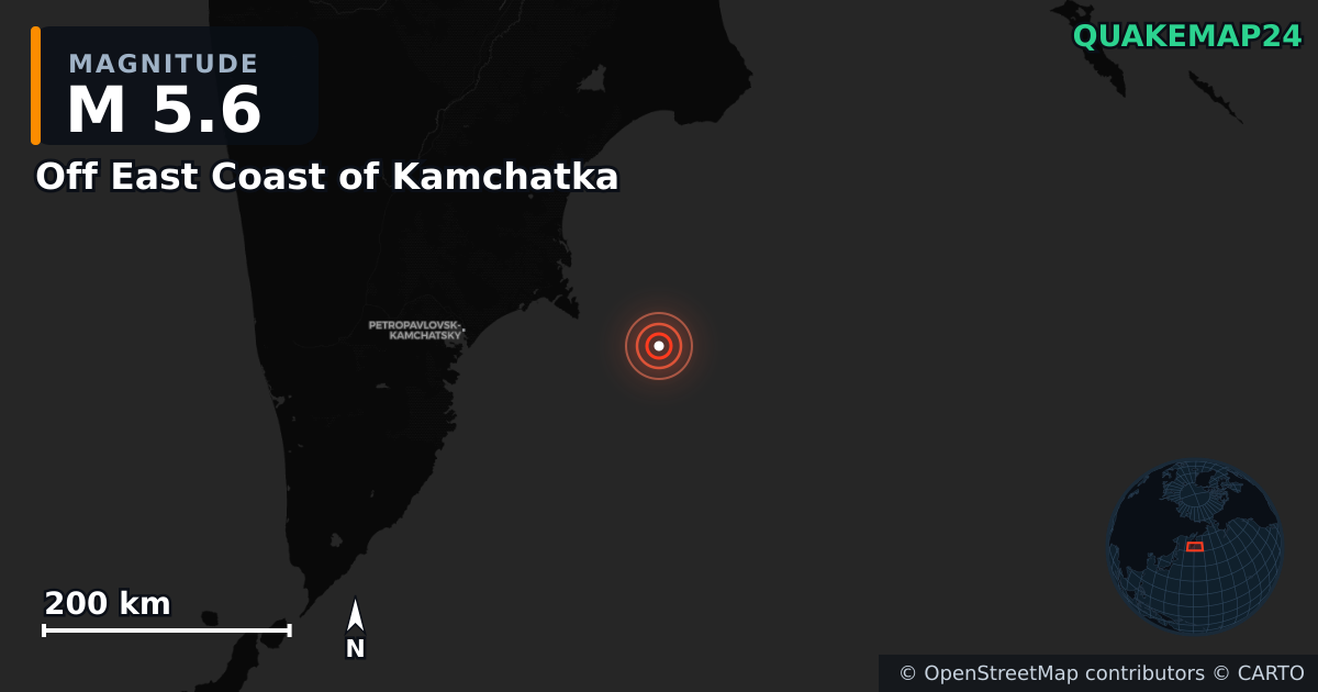 M5.6 earthquake near Off East Coast of Kamchatka on Sep 21, 2025 — map of epicenter and shaking intensity | QuakeMap24