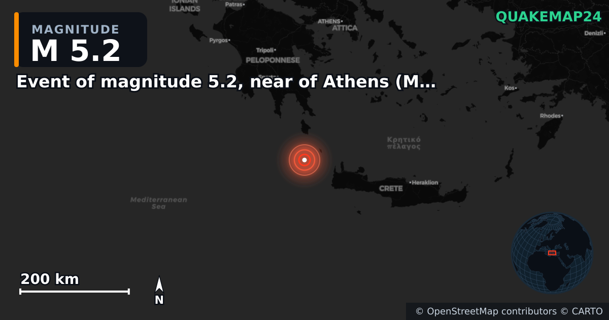 M5.2 Earthquake near Event of magnitude 5.2, near of Athens (Monde) · 2025-11-11 — Map showing the location of the epicenter