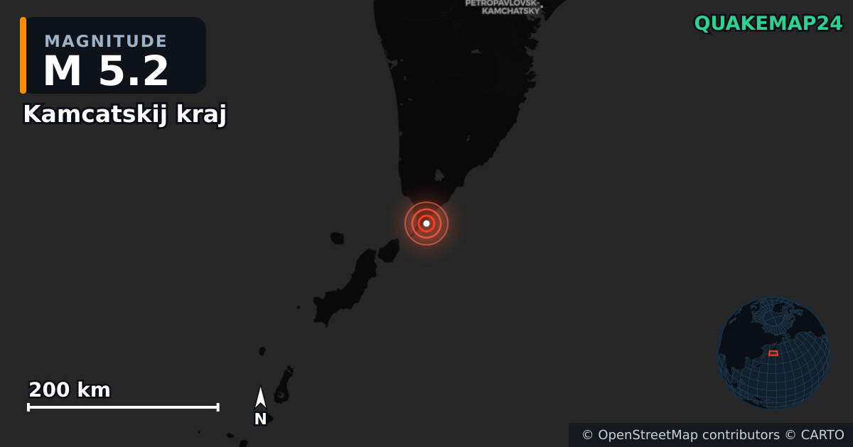 M5.2 earthquake near Kamcatskij kraj on Dec 12, 2025 — map of epicenter and shaking intensity | QuakeMap24