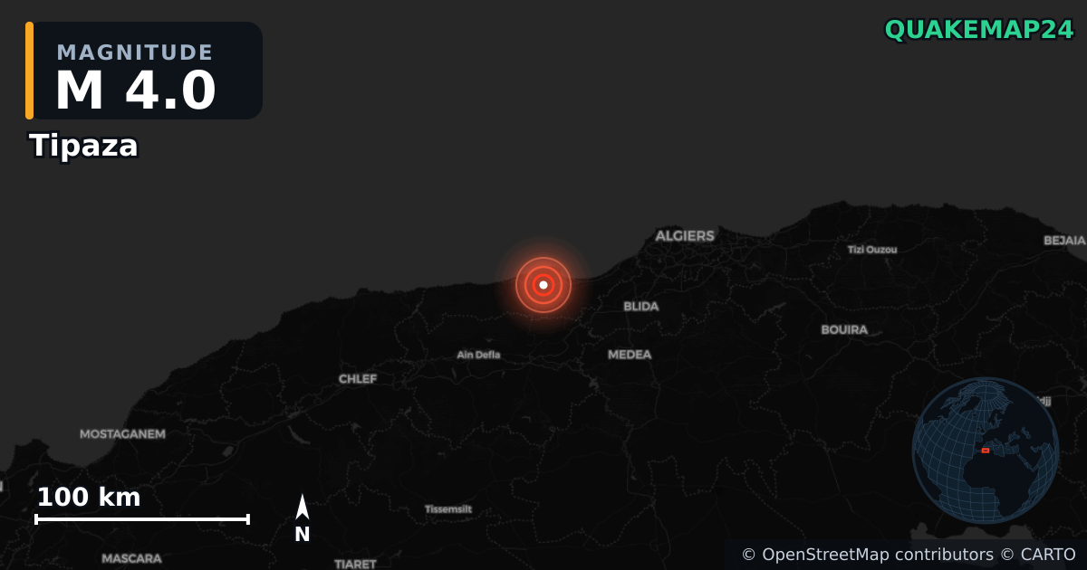 M4.0 earthquake near Tipaza on Sep 1, 2025 — map of epicenter and shaking intensity | QuakeMap24