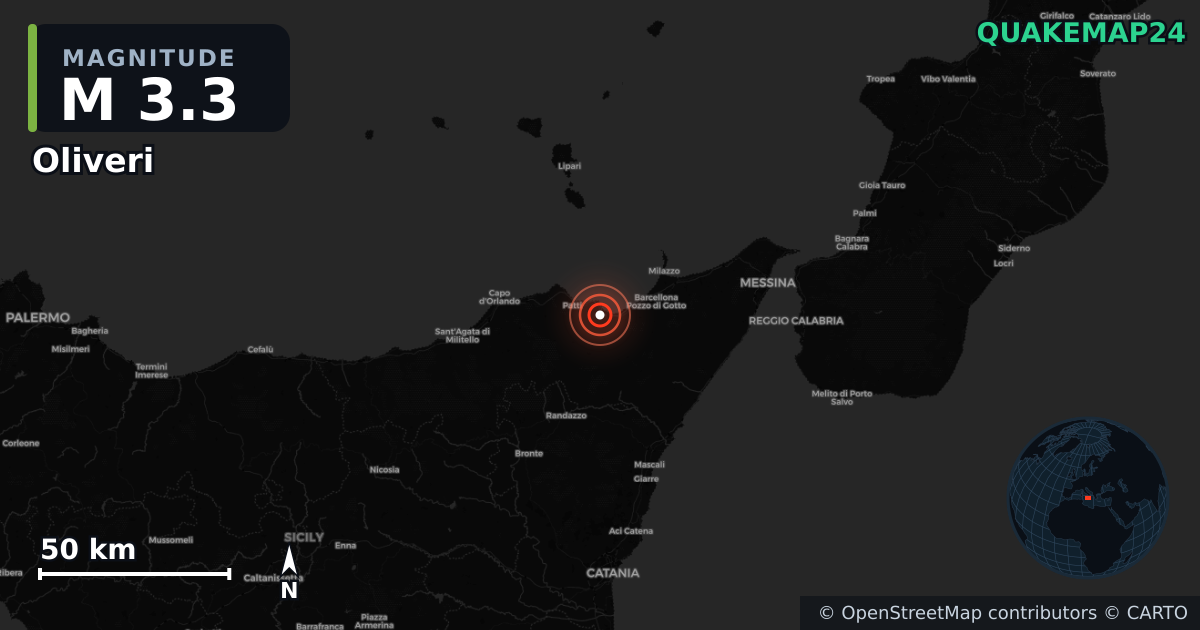 M3.3 earthquake near Oliveri on Aug 18, 2026 — map of epicenter and shaking intensity | QuakeMap24