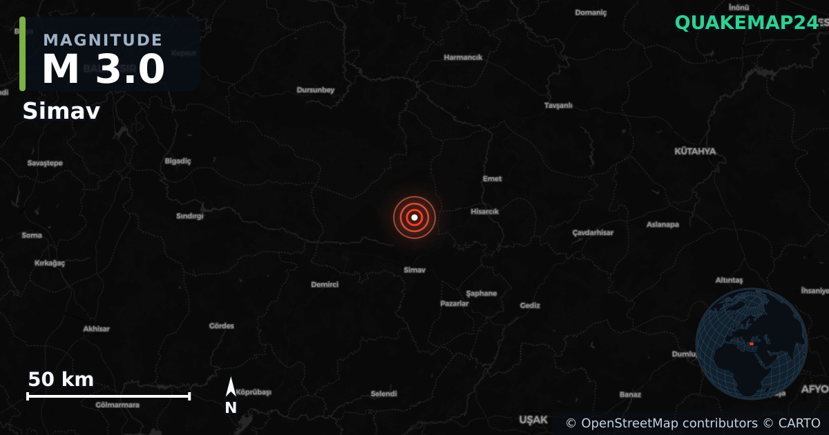 M3.0 earthquake near Simav on Aug 21, 2025 — map of epicenter and shaking intensity | QuakeMap24