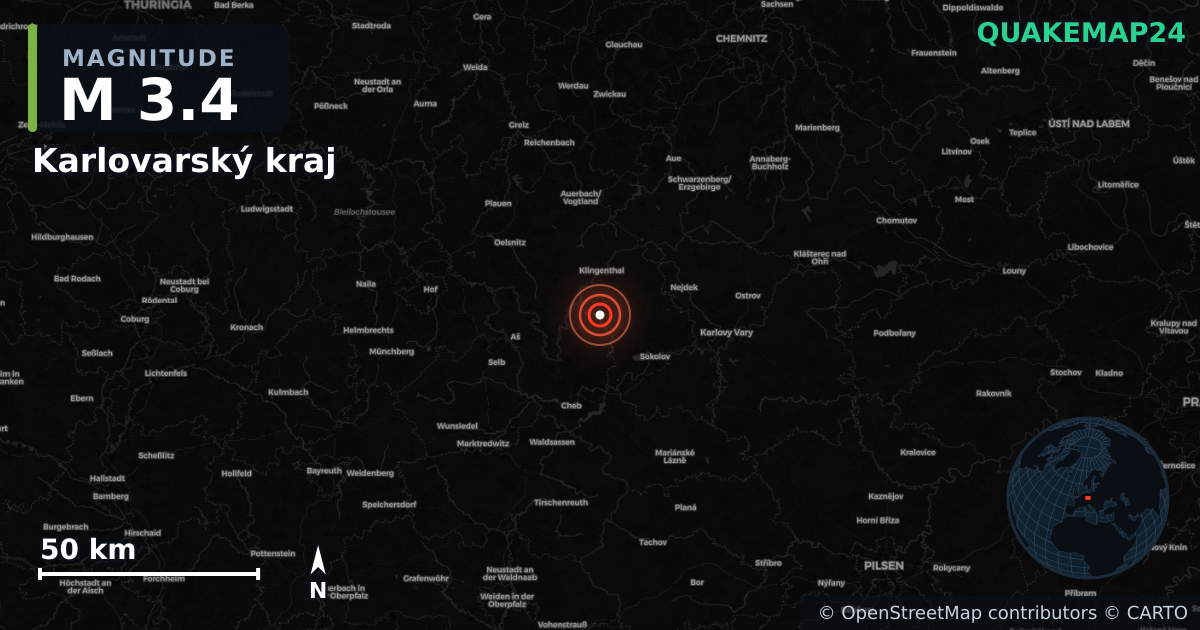 M3.4 earthquake near Karlovarský kraj on Jan 1, 2026 — map of epicenter and shaking intensity | QuakeMap24