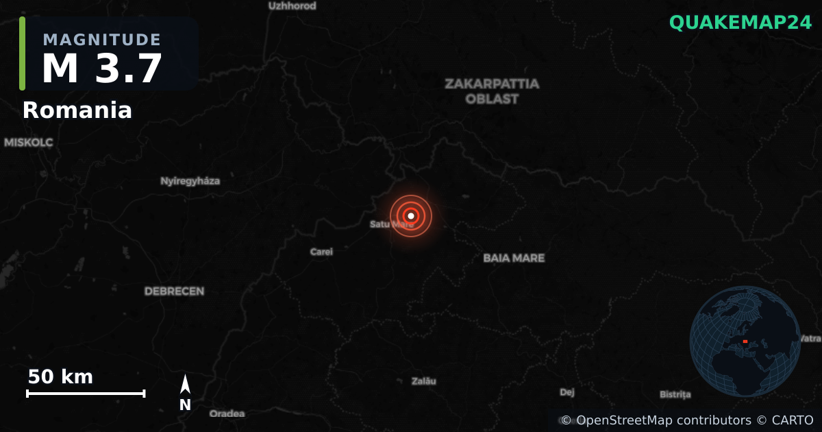 M3.7 earthquake near Romania on Oct 15, 2025 — map of epicenter and shaking intensity | QuakeMap24