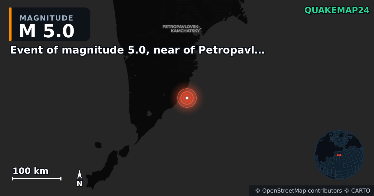 M5.0 earthquake near Event of magnitude 5.0, near of Petropavlovsk Kamchatskiy (Monde) on Mar 8, 2026 — map of epicenter and shaking intensity | QuakeMap24