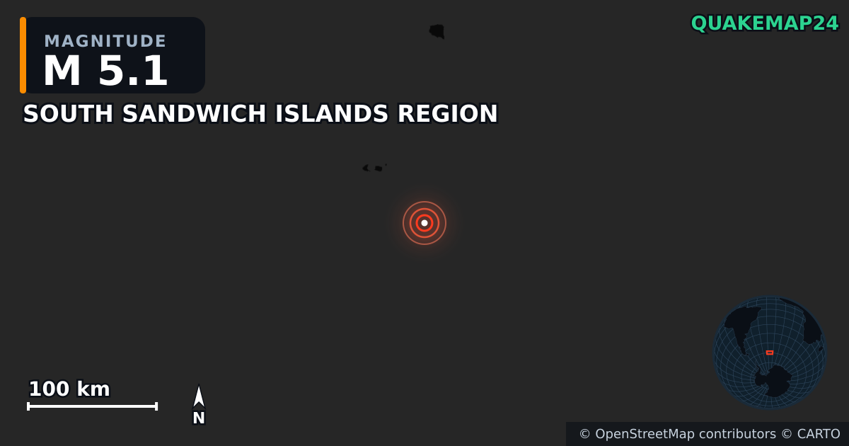 M5.1 earthquake near SOUTH SANDWICH ISLANDS REGION on Dec 28, 2025 — map of epicenter and shaking intensity | QuakeMap24