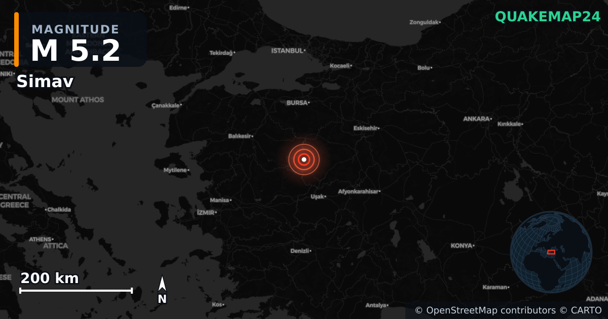 M5.2 earthquake near Simav on Sep 28, 2025 — map of epicenter and shaking intensity | QuakeMap24