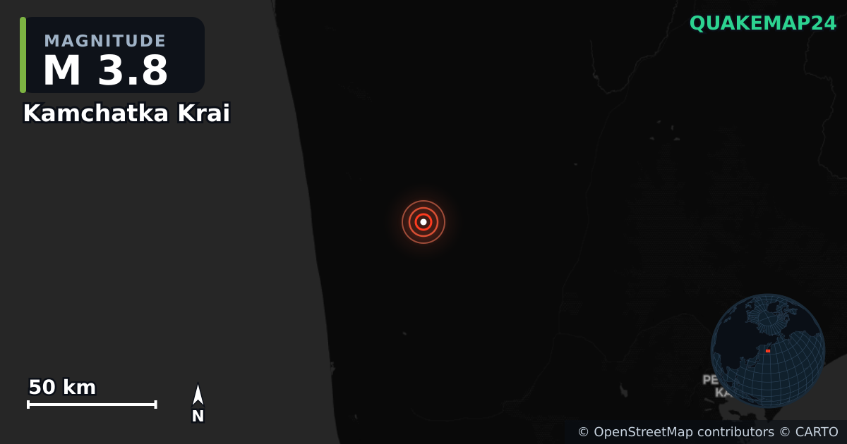 M3.8 earthquake near Kamchatka Krai on Apr 23, 2025 — map of epicenter and shaking intensity | QuakeMap24