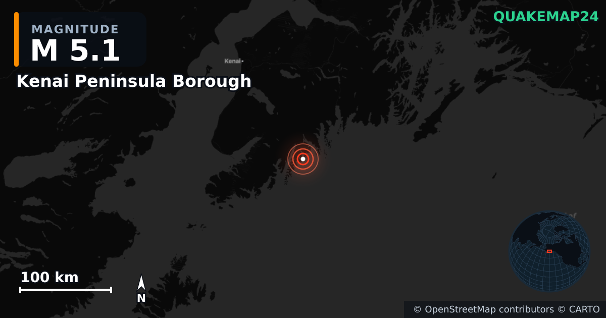 Σεισμός M5,1 κοντά στο Kenai Peninsula Borough, Alaska (Ηνωμένες Πολιτείες) — Χάρτης της θέσης του επικέντρου