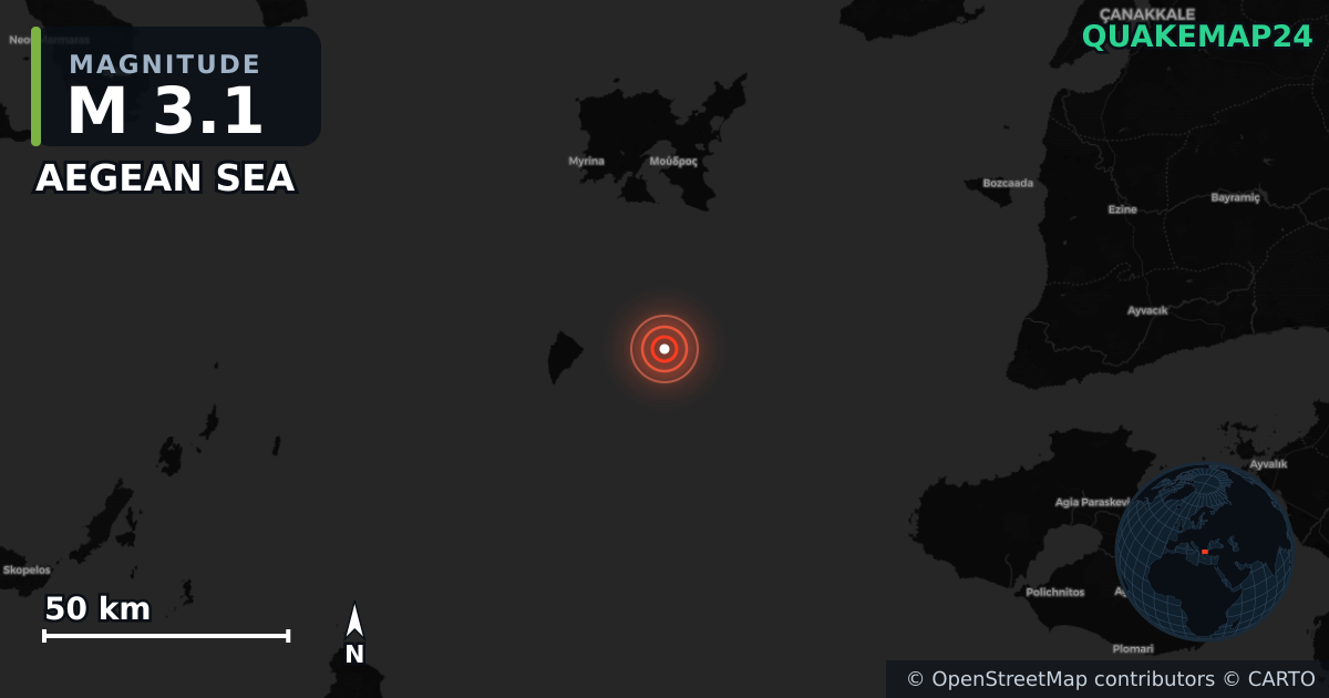 M3.1 earthquake near AEGEAN SEA on Aug 12, 2025 — map of epicenter and shaking intensity | QuakeMap24