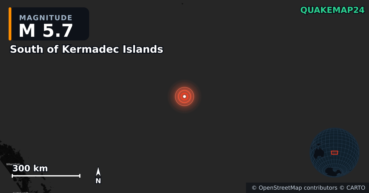 M5.7 earthquake near South of Kermadec Islands on Mar 11, 2026 — map of epicenter and shaking intensity | QuakeMap24
