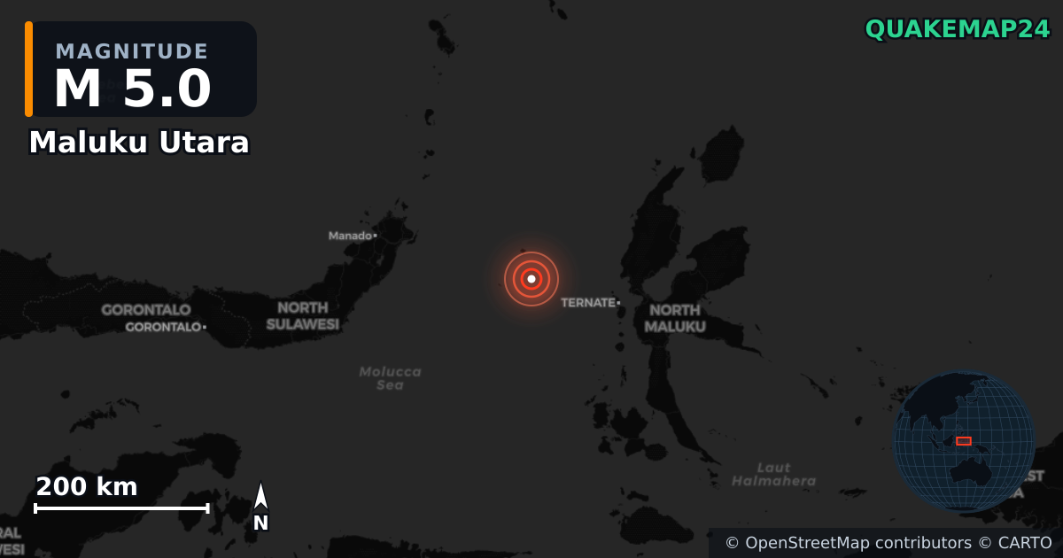 Erdbeben M5,0 bei Maluku Utara (Indonesien) — Karte der Lage des Epizentrums