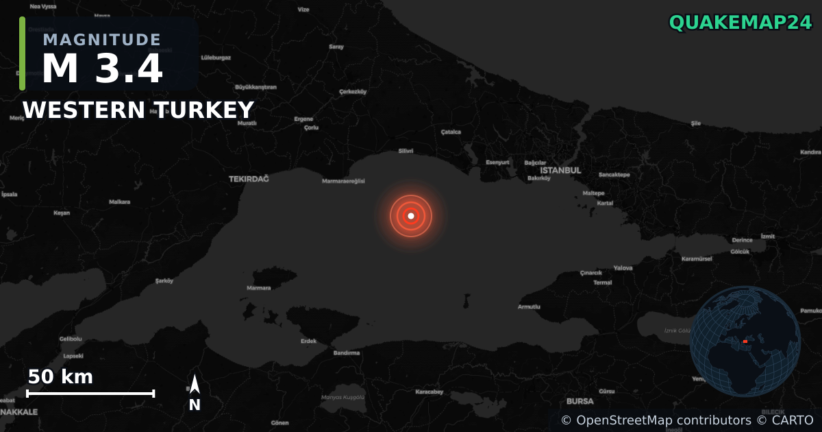 M3.4 earthquake near WESTERN TURKEY on Aug 20, 2025 — map of epicenter and shaking intensity | QuakeMap24