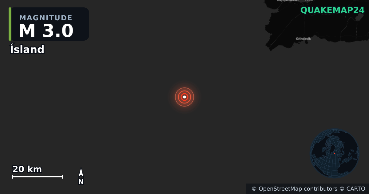 M3.0 earthquake near Ísland on Jan 5, 2026 — map of epicenter and shaking intensity | QuakeMap24