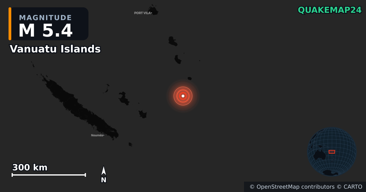 M5.4 earthquake near Vanuatu Islands on Aug 28, 2025 — map of epicenter and shaking intensity | QuakeMap24