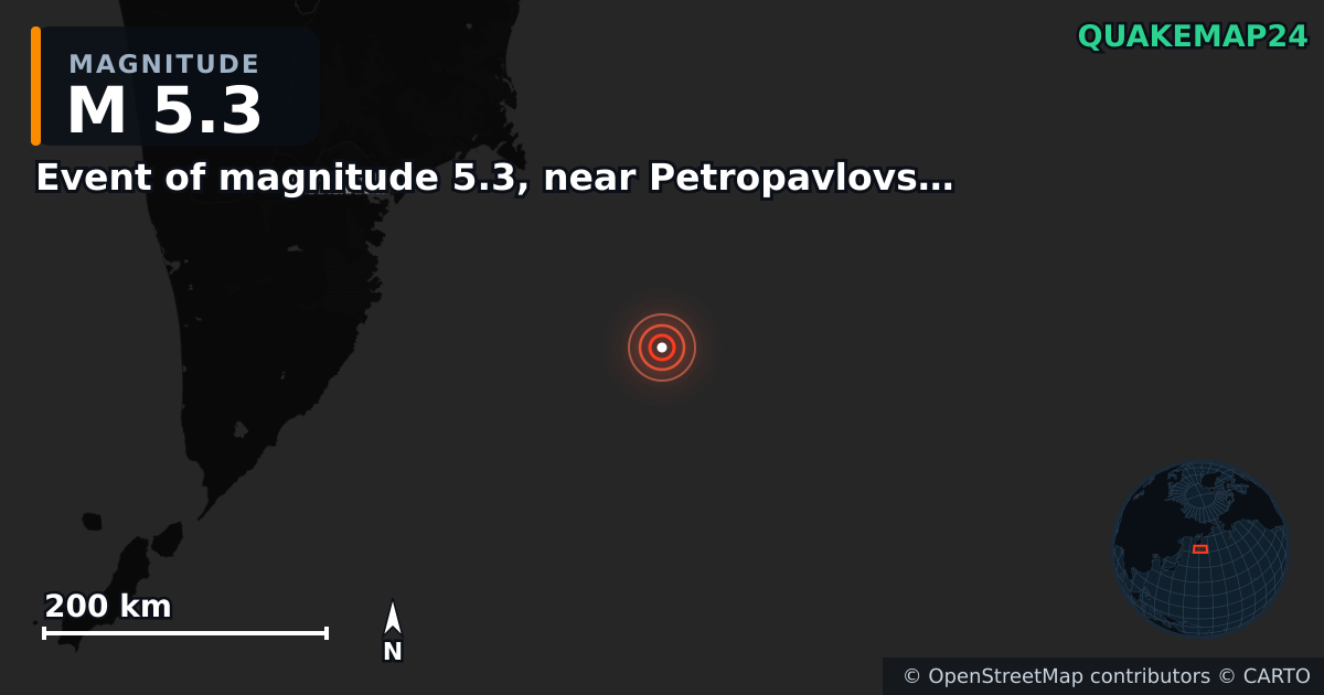 Event of magnitude 5.3, near Petropavlovsk Kamchatskiy (Monde) yakınında M5,3 deprem · 2026-10-02 — Deprem merkez üssünün konumunu gösteren harita