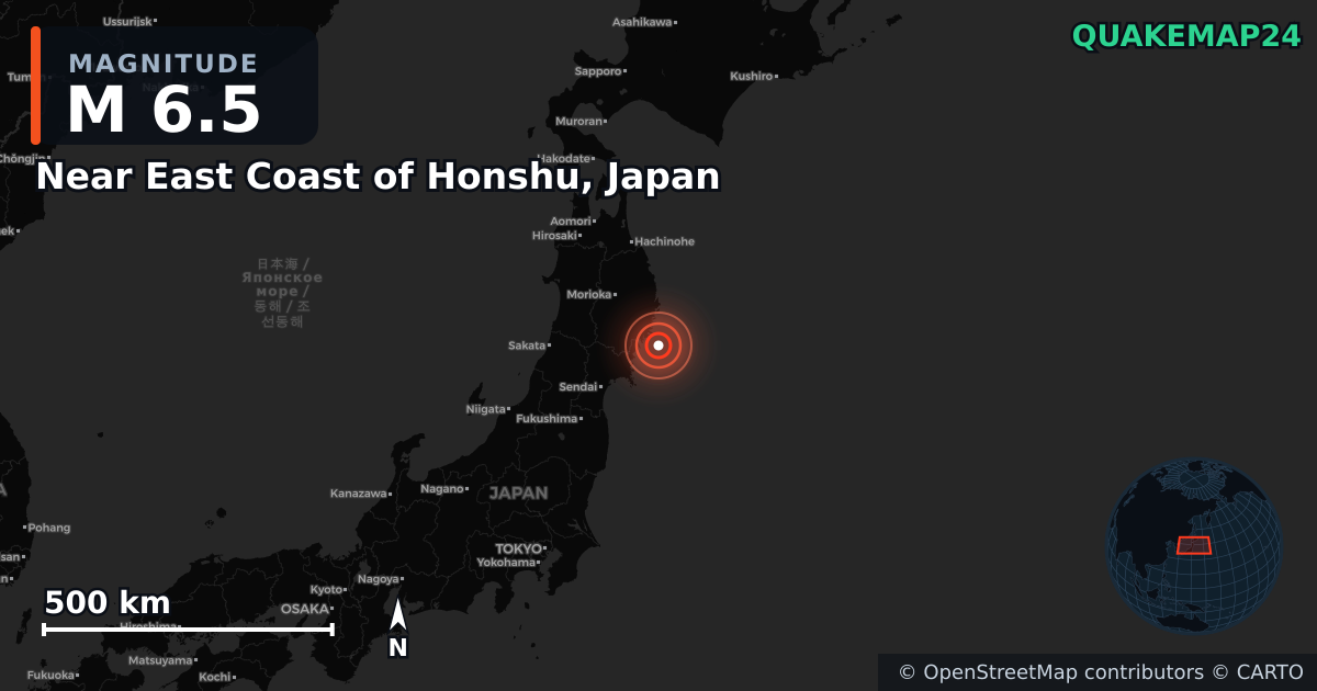 M6.5 earthquake near Near East Coast of Honshu, Japan on May 15, 2026 — map of epicenter and shaking intensity | QuakeMap24