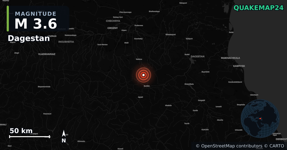 M3.6 earthquake near Dagestan on Jul 27, 2025 — map of epicenter and shaking intensity | QuakeMap24
