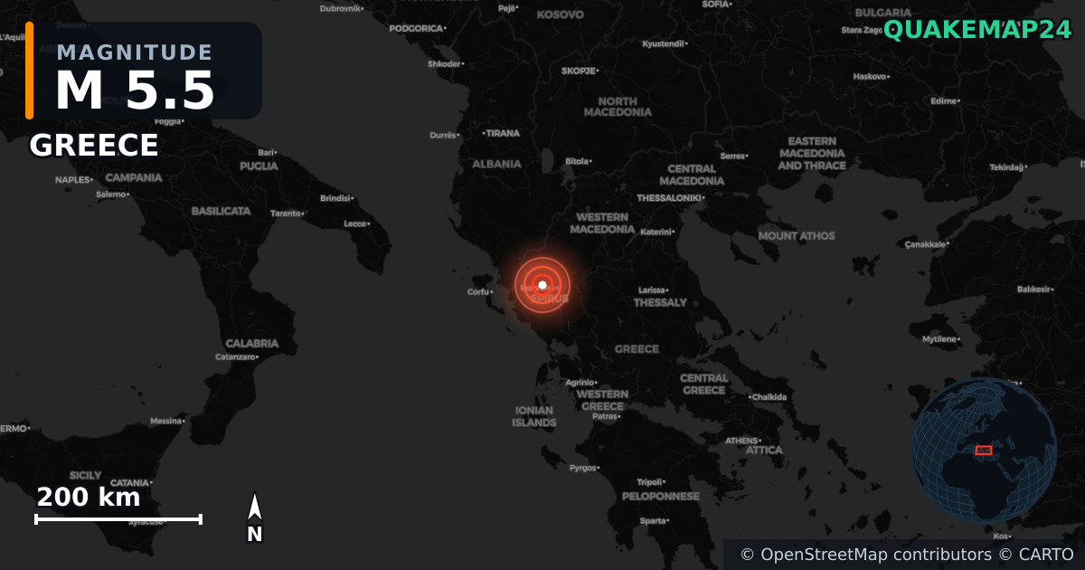 Erdbeben M5,5 bei GREECE · 2026-03-08 — Karte der Lage des Epizentrums