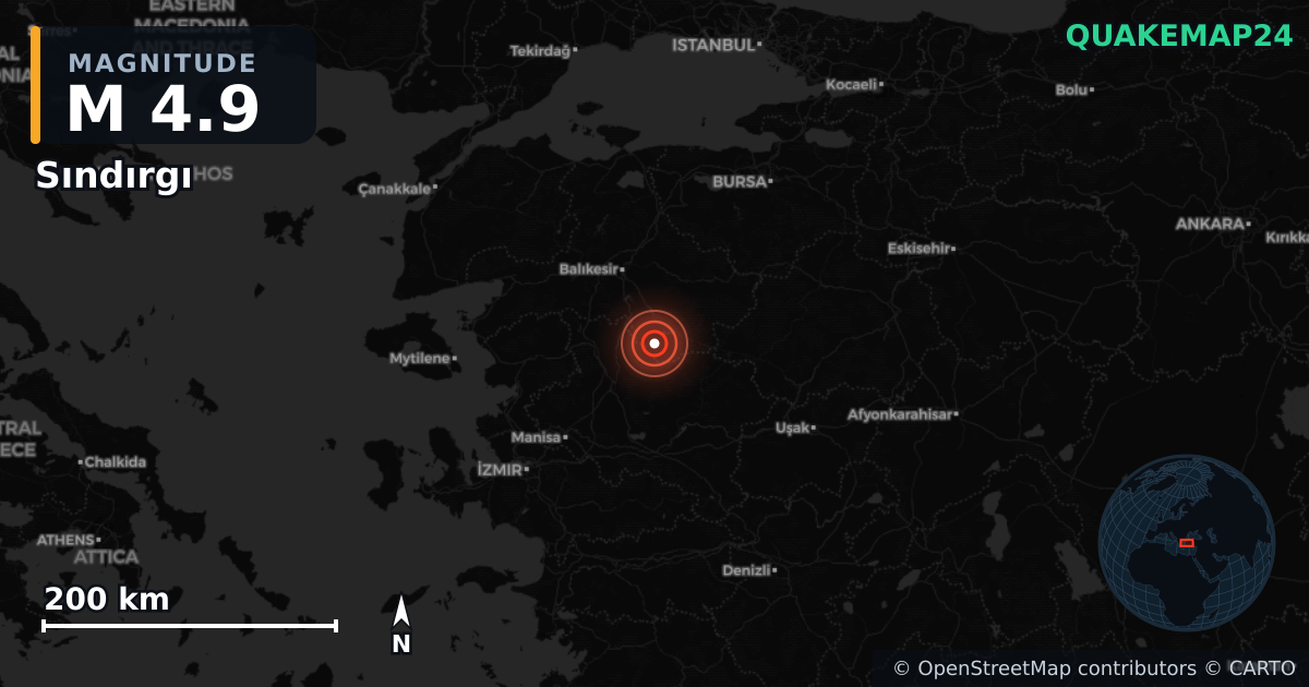 M4.9 earthquake near Sındırgı on Sep 7, 2025 — map of epicenter and shaking intensity | QuakeMap24