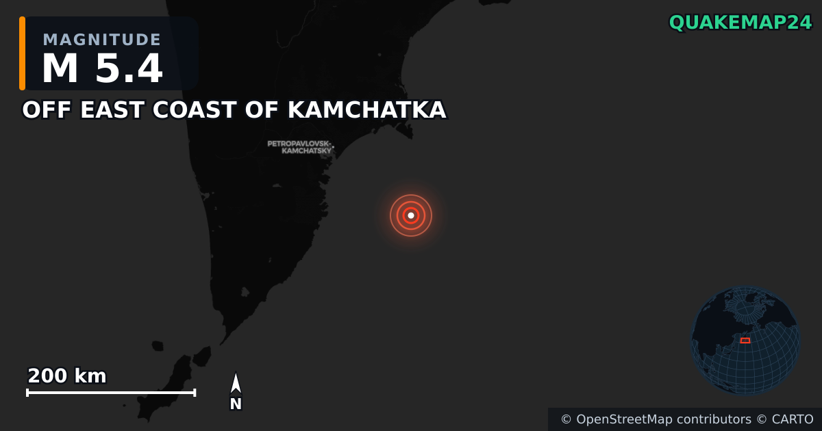 M5.4 earthquake near OFF EAST COAST OF KAMCHATKA on Jul 30, 2025 — map of epicenter and shaking intensity | QuakeMap24