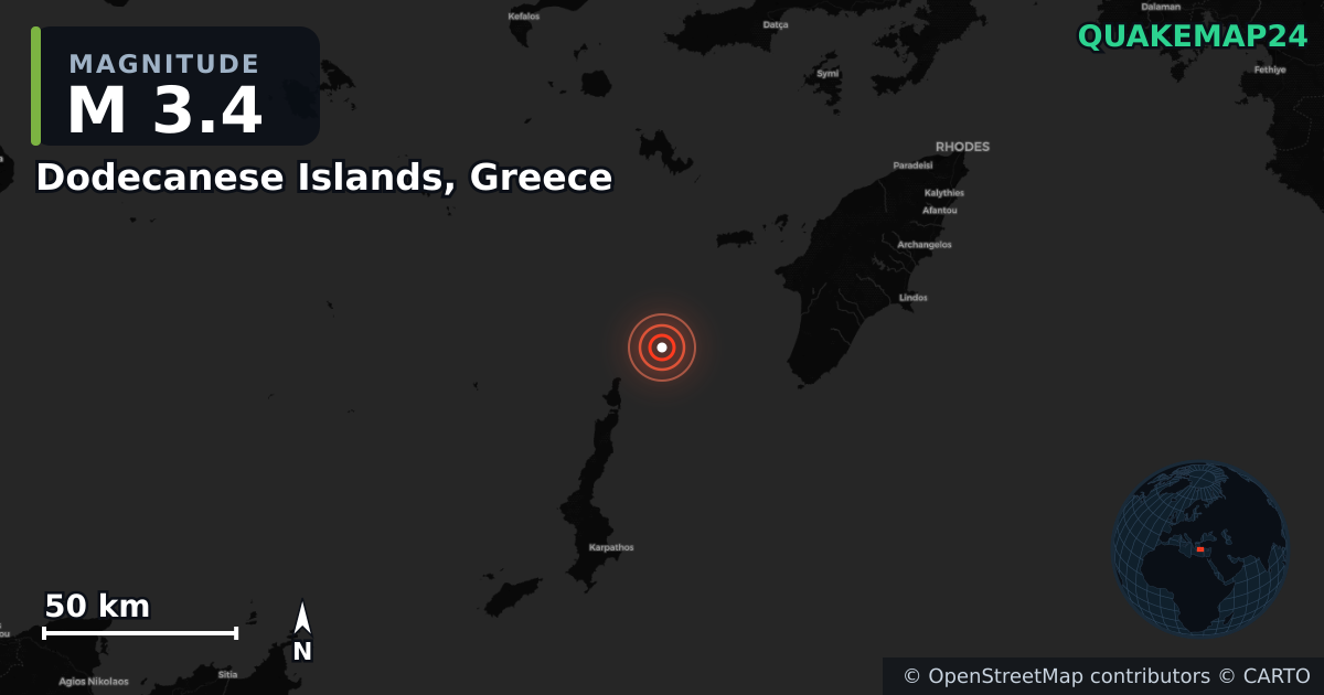 M3.4 earthquake near Dodecanese Islands, Greece on Dec 11, 2025 — map of epicenter and shaking intensity | QuakeMap24
