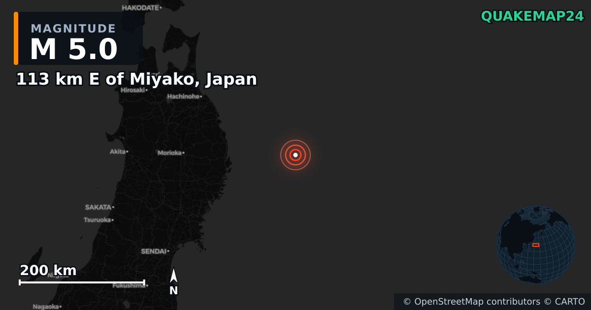 M5.0 earthquake near 113 km E of Miyako, Japan on Dec 30, 2025 — map of epicenter and shaking intensity | QuakeMap24