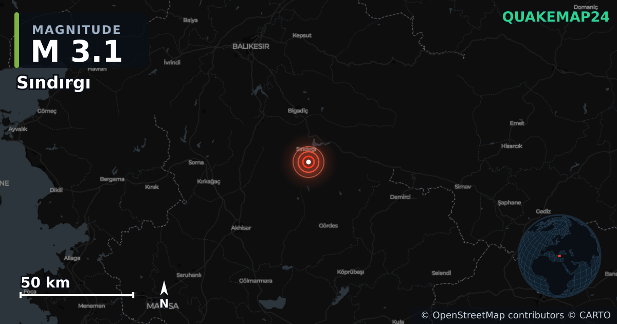 Terremoto de M3,1 cerca de Sındırgı (Turquía) · 2025-12-02 — Mapa de la ubicación del epicentro