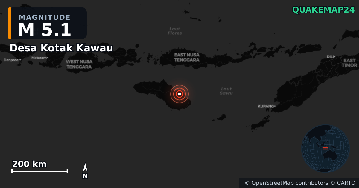 M5.1 earthquake near Desa Kotak Kawau on Mar 10, 2026 — map of epicenter and shaking intensity | QuakeMap24