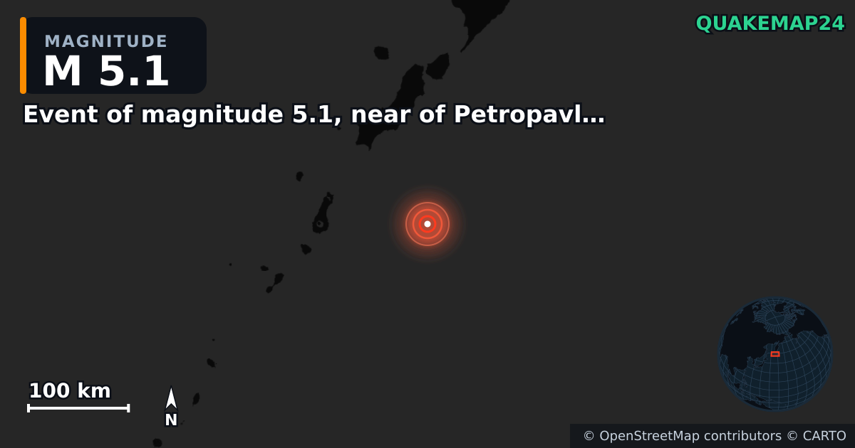 M5.1 earthquake near Event of magnitude 5.1, near of Petropavlovsk Kamchatskiy (Monde) on Jan 11, 2026 — map of epicenter and shaking intensity | QuakeMap24