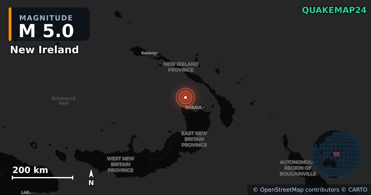 M5.0 earthquake near New Ireland on Jan 2, 2025 — map of epicenter and shaking intensity | QuakeMap24
