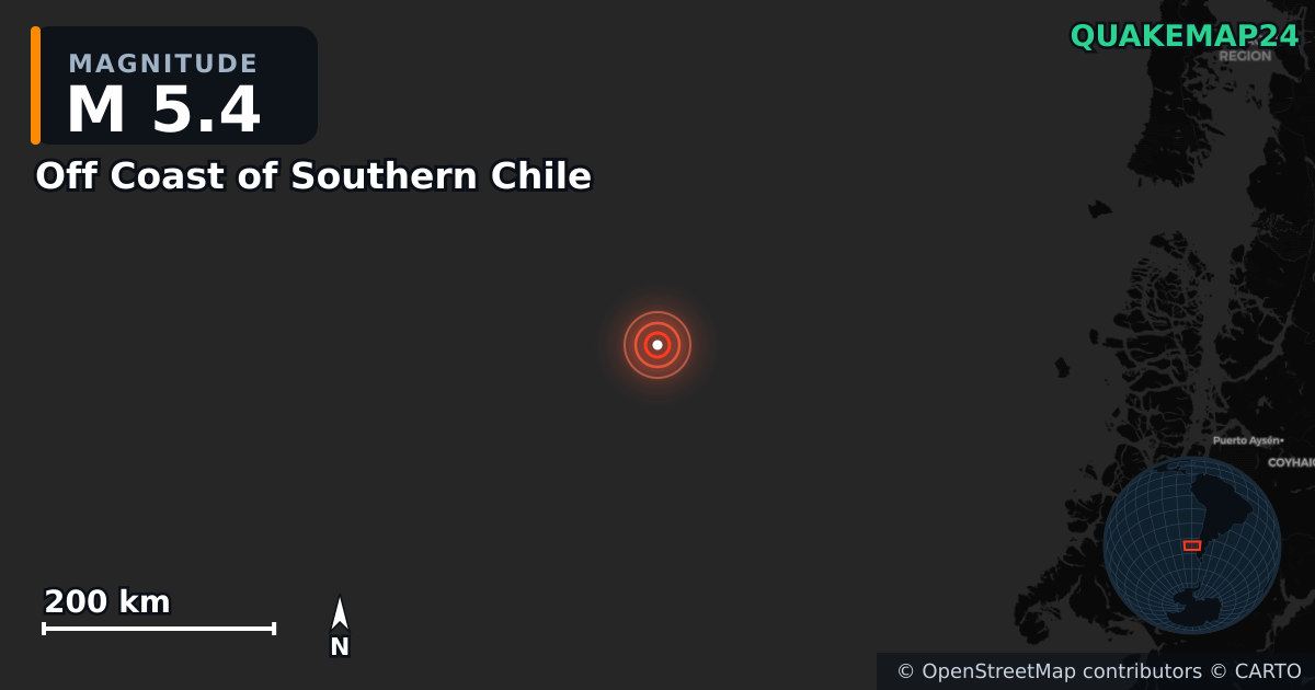 Off Coast of Southern Chile yakınında M5,4 deprem — Deprem merkez üssünün konumunu gösteren harita