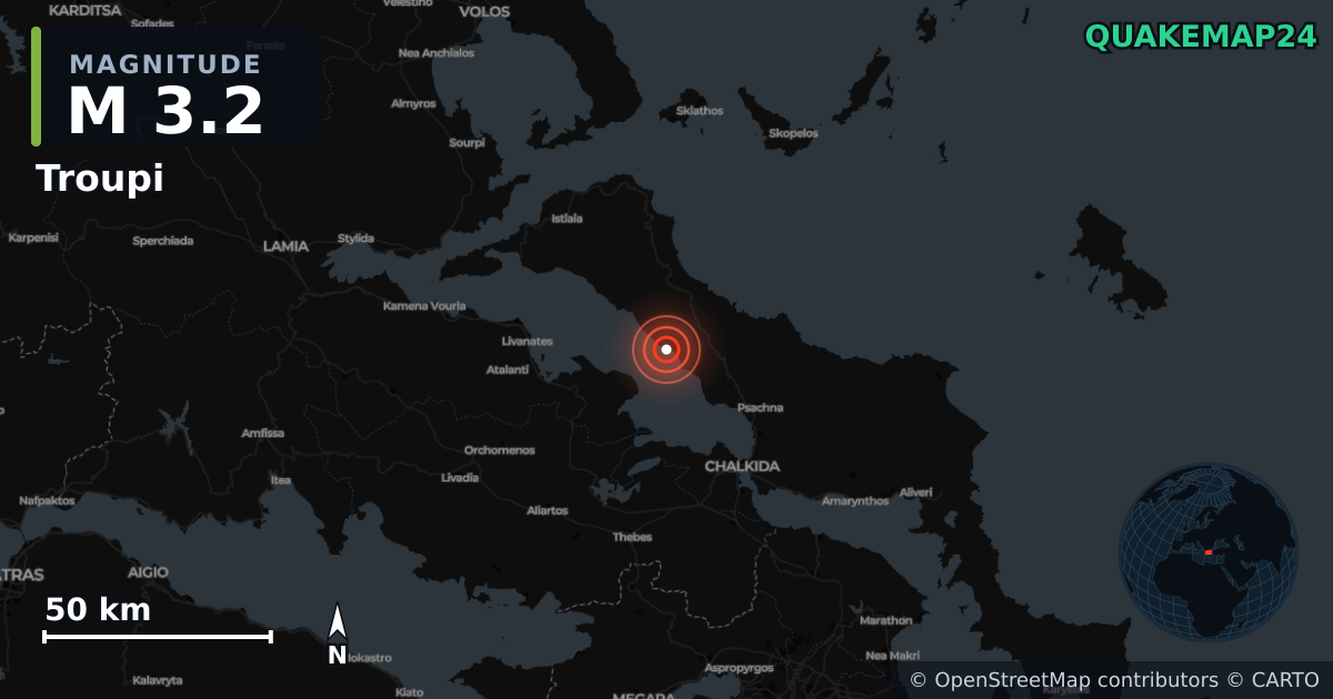 M3.2 Earthquake near Troupi, Periphereia Stereas Elladas (Greece) · 2026-06-20 — Map showing the location of the epicenter