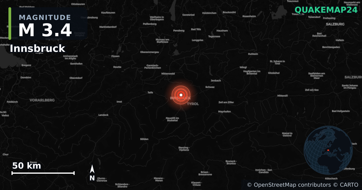 Innsbruck, Tyrol (Avusturya) yakınında M3,4 deprem · 2026-10-07 — Deprem merkez üssünün konumunu gösteren harita