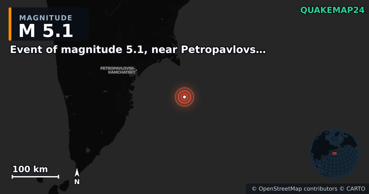 M5.1 earthquake near Event of magnitude 5.1, near Petropavlovsk Kamchatskiy (Monde) on Jun 9, 2026 — map of epicenter and shaking intensity | QuakeMap24