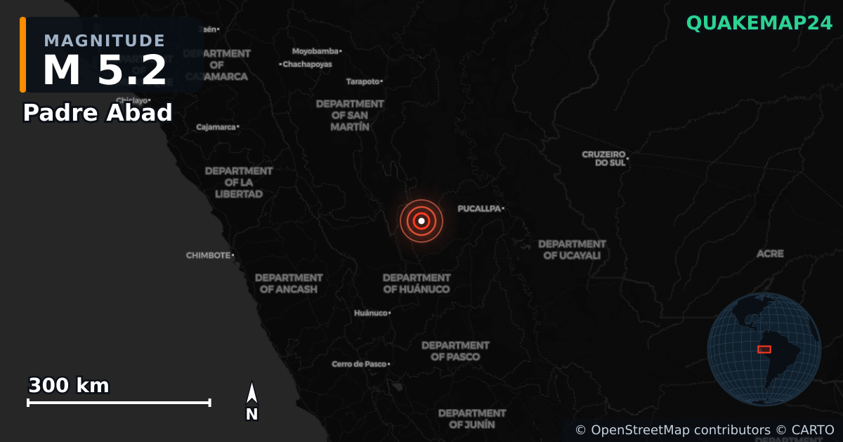 M5.2 earthquake near Padre Abad on Aug 3, 2026 — map of epicenter and shaking intensity | QuakeMap24