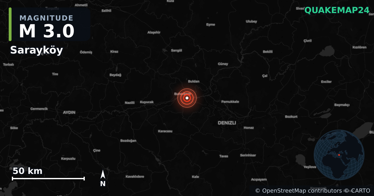M3.0 earthquake near Sarayköy on Jun 5, 2025 — map of epicenter and shaking intensity | QuakeMap24